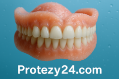 Zdjęcie gotowej protezy zębowej wykonanej na podstawie wycisku wysyłkowego. Przykład protezy dostępnej w usłudze Protezy24, wykonywanej w terminie 7–14 dni lub express 1–3 dni